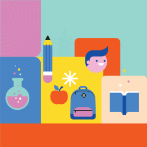 Cartoon school supplies are on a table including a backpack, apple and pencil. A cartoon child's face is smiling.