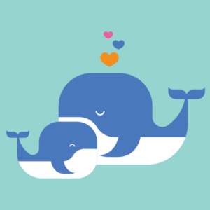 A cartoon whale parent and baby share a cuddle.