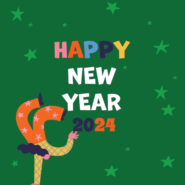 jolly text on green background reading "Happy New Year 2024"