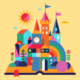 A playful and colourful rainbow fantasy castle with a bright sun in the sky, sits atop a book.