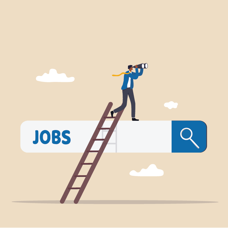 a job searcher climbs a ladder and looks into the distance with binoculars. The ladder is resting on a search bar reading 'jobs'.