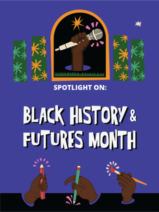 on a purple background, black hands hold various artistic tools - paintbrush, microphone, pen and pencil. Text reads Black History and Futures Month.