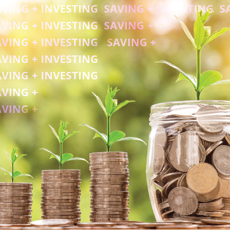 Stacks of coins grow into a big jar of coins, each one with a green seedling on top.