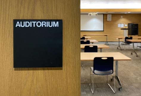 The sign outside the Auditorium at New Westminster Public Library's Main Branch.