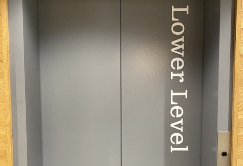 Elevator doors just outside the Auditorium at New Westminster Public Library's Main Branch.