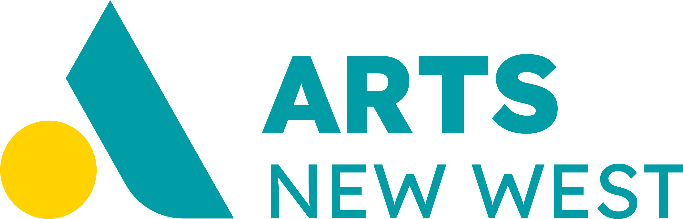 With a stylized A on the left hand side, the words read Arts New West in turquoise.