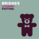 On a blue-green background, a dark maroon icon of a teddy bear with a bow-tie and the words, Bridges Literary Festival
