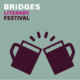 On a blue-green background, two dark maroon mug icons clink, and the text reads Bridges LIterary Festival.