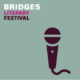 On a green-blue background, a dark maroon icon of a microphone with the text, Bridges Literary Festival.