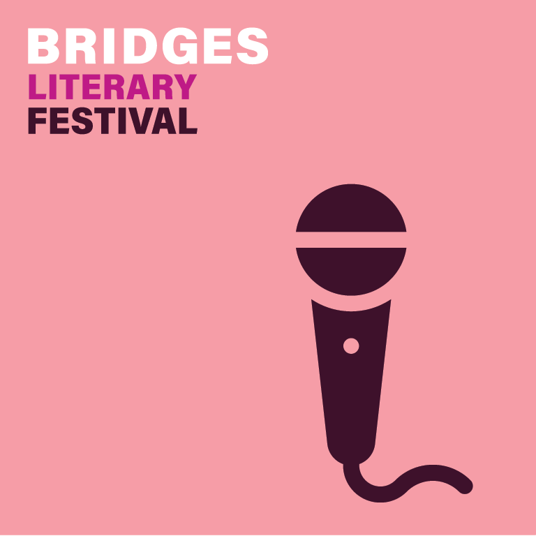 On a pink background, a dark maroon icon of a microphone and the text, Bridges Literary Festival.