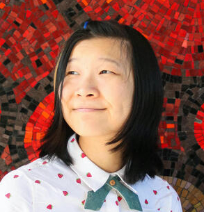 Against a bright red graphic design background, an Asian woman with mid-length dark hair and wearing a pale shirt looks off to the left.