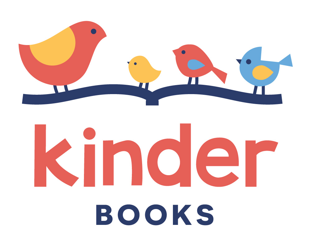 An illustrated logo of four birds on a branch shaped like an open book with the words, Kinder Books.