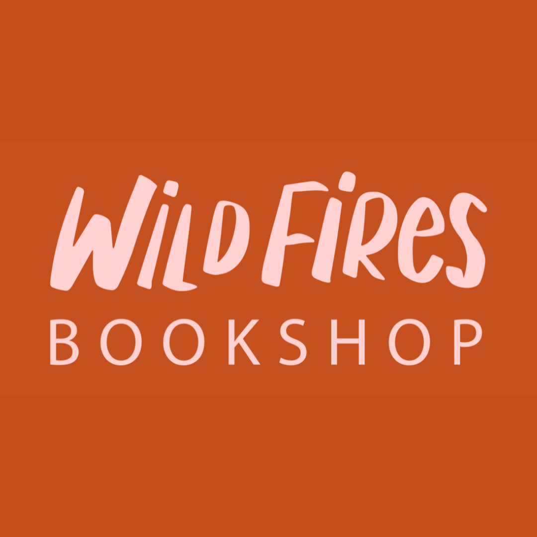 On an orange background the text in pale pink, WildFires Bookshop.