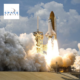 photograph of a space shuttle taking off. The logo for the H.R. Macmillan Space Centre is in the top left corner