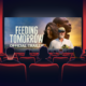 An illustration of people in movie theatre seats with the film image on the screen in front of them - three people with vegetables, looking hopeful, and the title, Feeding Tomorrow.