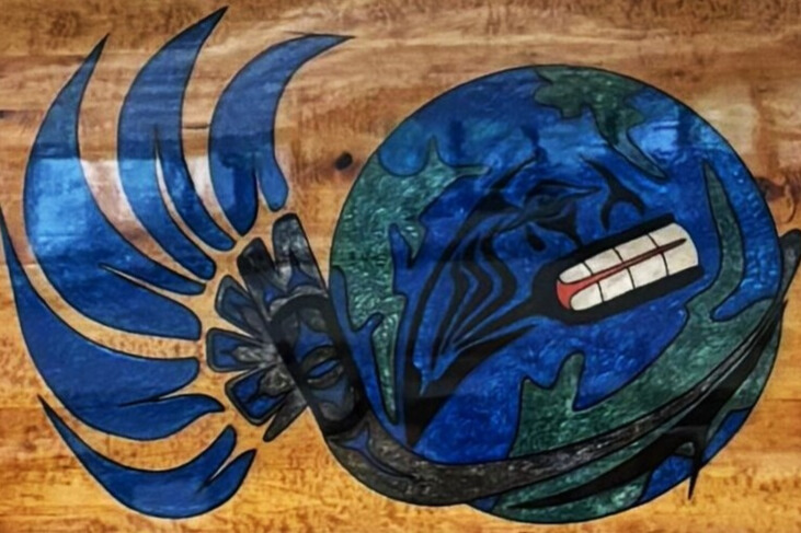 An art piece from Rain Pierre displayed on the second floor of the Main Branch of New Westminster Public Library.