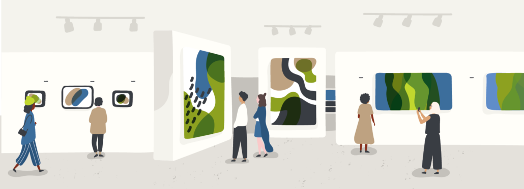 An illustration of patrons in an art gallery.