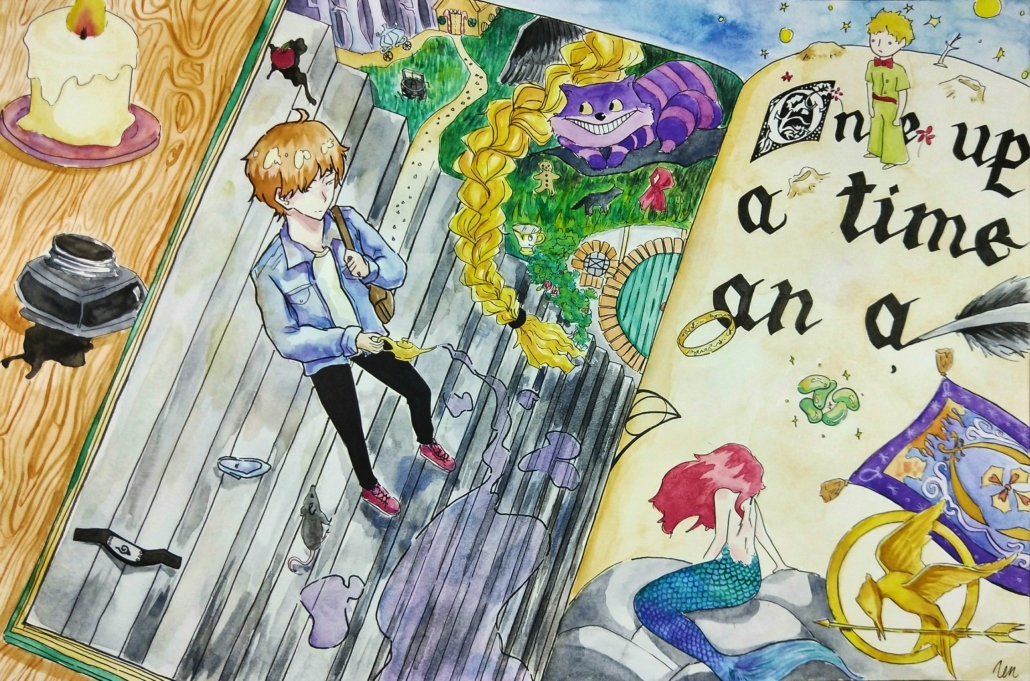 A fantastical scene of a person using their imagination to help a book "come to life."