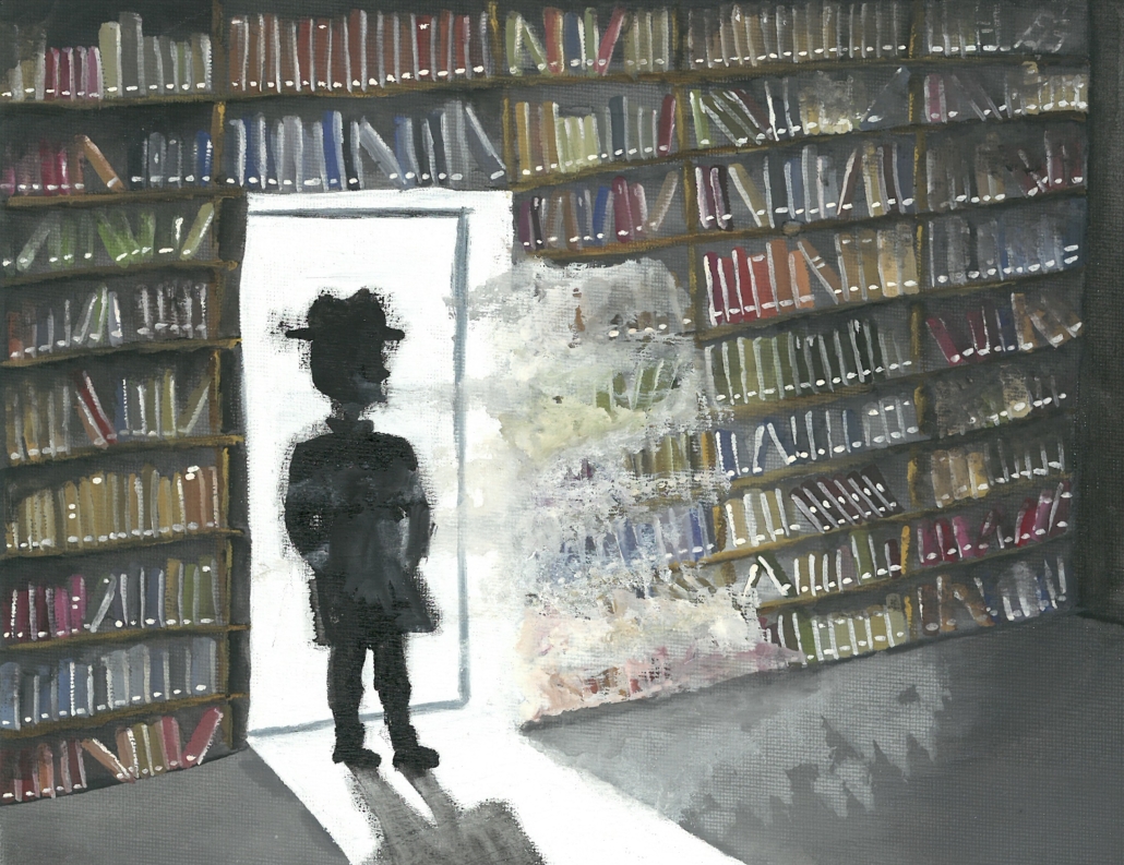 A shadowy detective stands backlit in the doorway to a library of books.