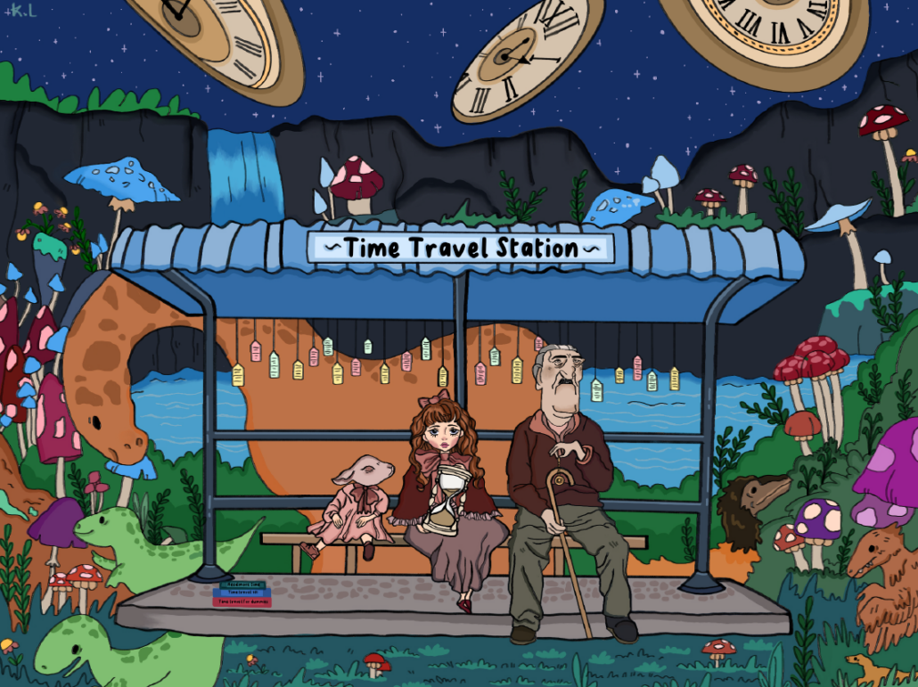 A trio of interesting characters wait on a bench at the "Time Travel Station."