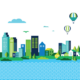 An illustration of a city by the water in blue and green tones, with hot air balloons above.
