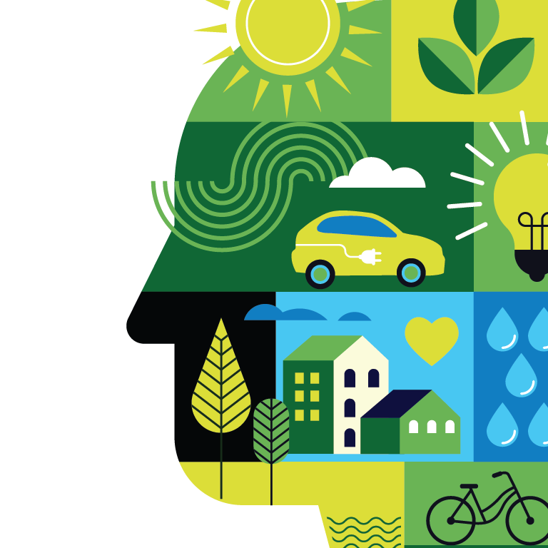 A silhouette of a head and face in profile is filled with small icons indicating climate action.