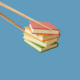 On a sky-blue background, a stack of tiny books is picked up by a set of chopsticks.