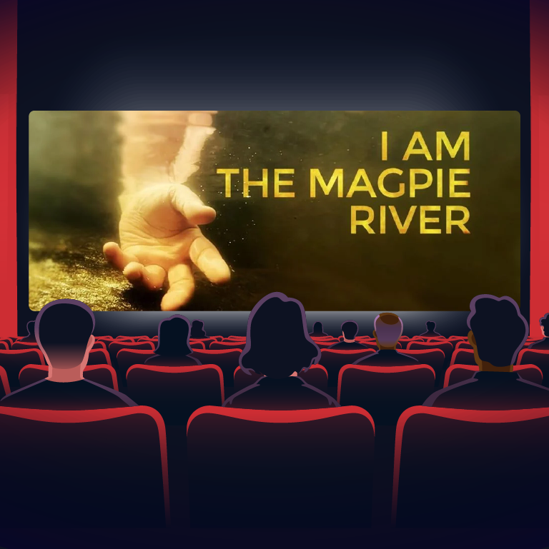 In an illustrated movie theatre, the image for the film, I Am the Magpie River, shows on the screen. It is a hand under water, reaching out toward the viewer.