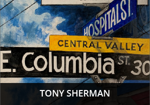 A closeup painting of two street signs, one reads Columbia, and the other Hospital Street.