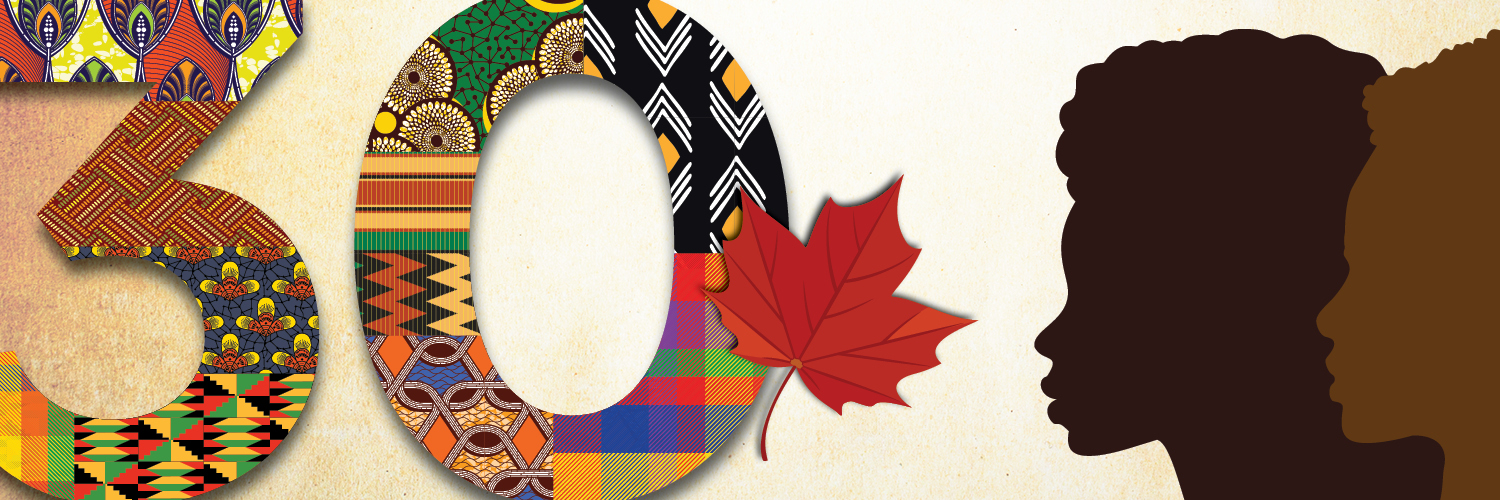 Image featuring silhouettes of two profiles with a red maple leaf, set against a textured background with colourful patterns.