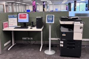 The print release station upstairs at the Main Branch of New Westminster Public Library.