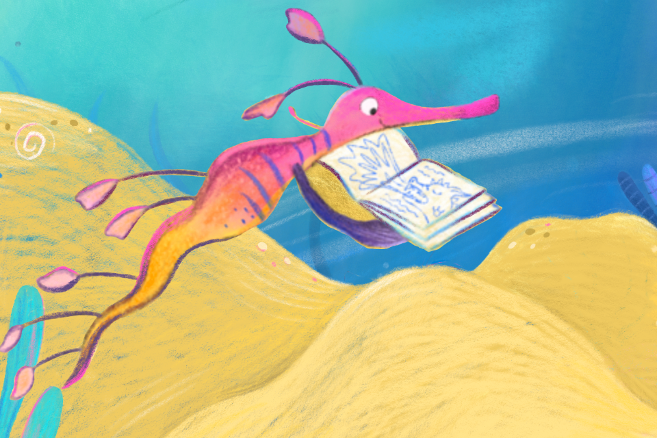 A sea critter, pink with purple shading and stripes, reads a picture book.