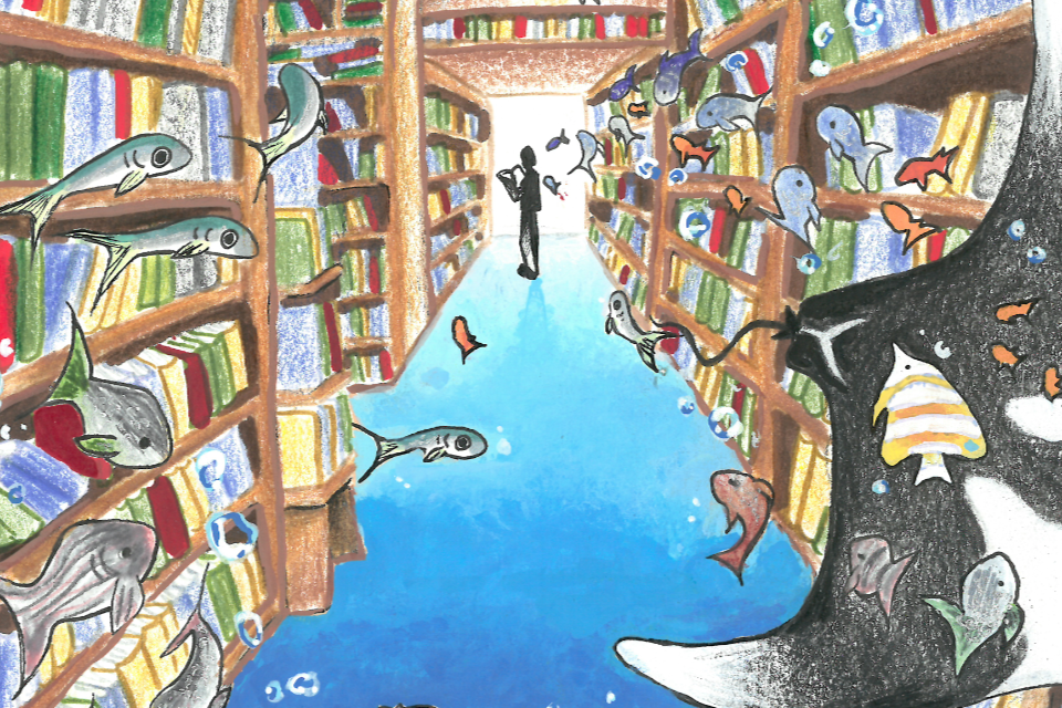 Schools of colourful fish, plus a black and white manta ray, navigate the shelves of what appears to be an underwater library in an illustration created by Elly Chen of New Westminster, BC.