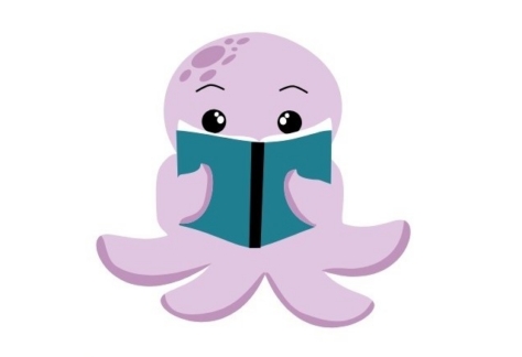 An illustrated lavender octopus reads a book with a teal cover.