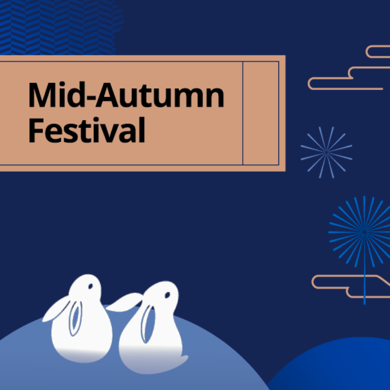 Two white rabbits on a dark blue background that reads Mid-Autumn Festival